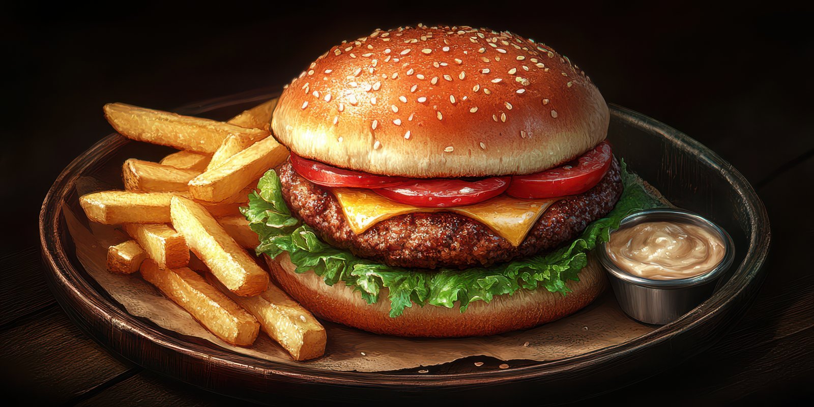 Juicy beef burger with cheese, fresh tomatoes, and crispy fries served on a wooden platter